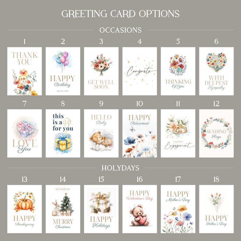 May include: A collection of eighteen greeting cards arranged in a grid, labeled by occasions and holidays. Each card features unique watercolor illustrations and text, including phrases like Thank You, Happy Birthday, Get Well Soon, and Happy Holidays.