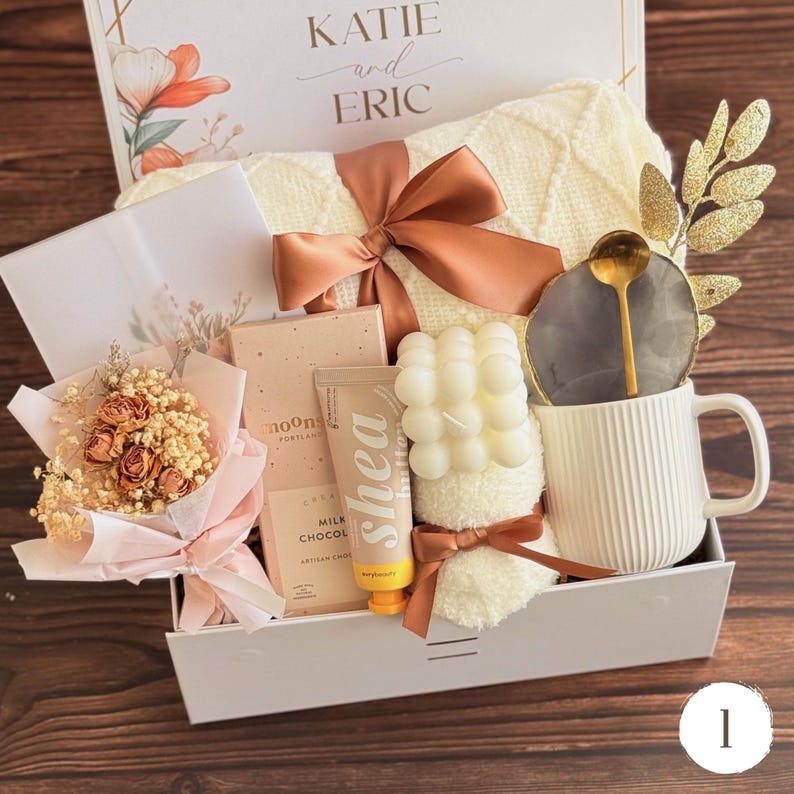 Cozy Gift Box for Her: Blanket, Mug, Flowers & More Gift Box 1