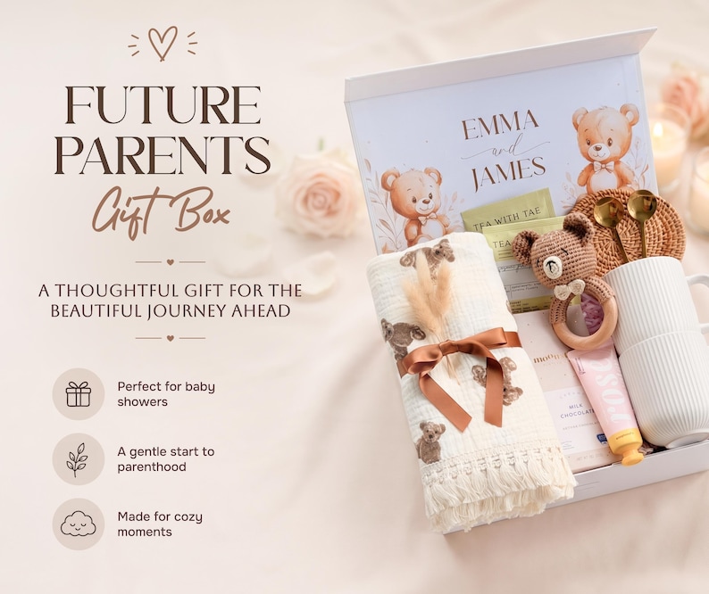 May include: A gift box for future parents, featuring a white box with the names "Emma and James" and teddy bear illustrations. Inside, a baby blanket, rattle, mug, and other items are visible. The text reads "Future Parents Gift Box."