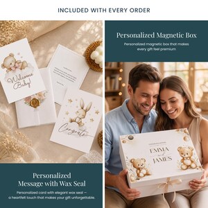 May include: A gift set featuring a personalized magnetic box with the names "EMMA" and "JAMES", teddy bear illustrations, and a ribbon. The set includes cards with "Welcome Baby!" and "Congrats" messages, and a wax seal.