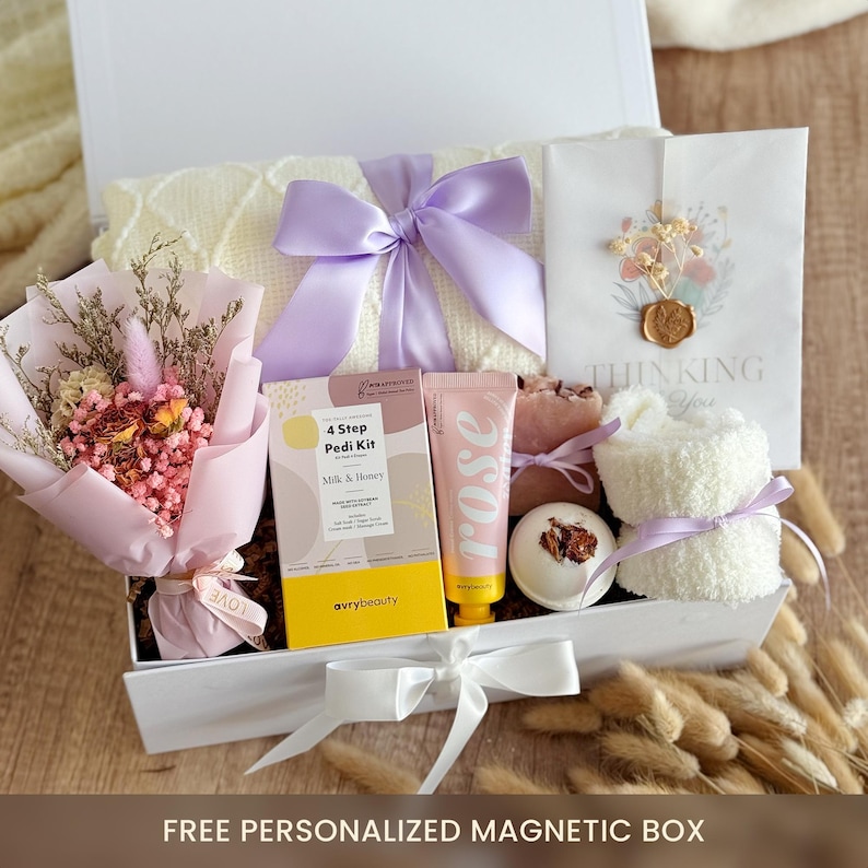 Cozy gift box for her with soft beige blanket, spa set, candles and treats, perfect birthday or sympathy care package