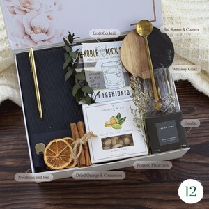 Whiskey lover gift box for him with cocktail kit, beef jerky, bar tools and candle — groomsman box or fathers day gift