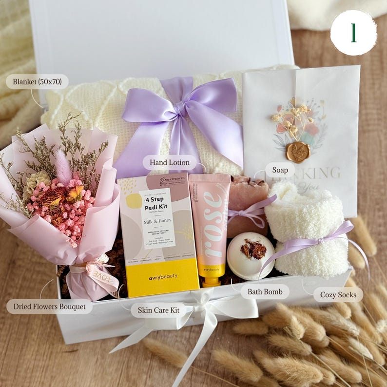 Birthday gift box for her with cozy throw, bath salts, tea and chocolate, hygge gift idea for relaxation at home