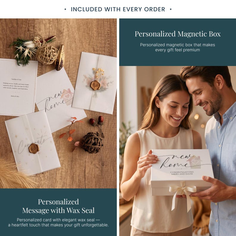 May include: A white magnetic gift box with the text new home and congratulations Sarah and David, accompanied by white cards featuring gold wax seals, dried floral accents, and a woven sphere, all presented on a wooden surface.