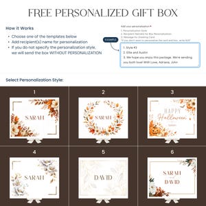May include: A digital guide for a free personalized gift box featuring instructions on how to add personalization styles and recipient names. It displays six distinct floral and seasonal design templates labeled one through six with sample names like Sarah and David.