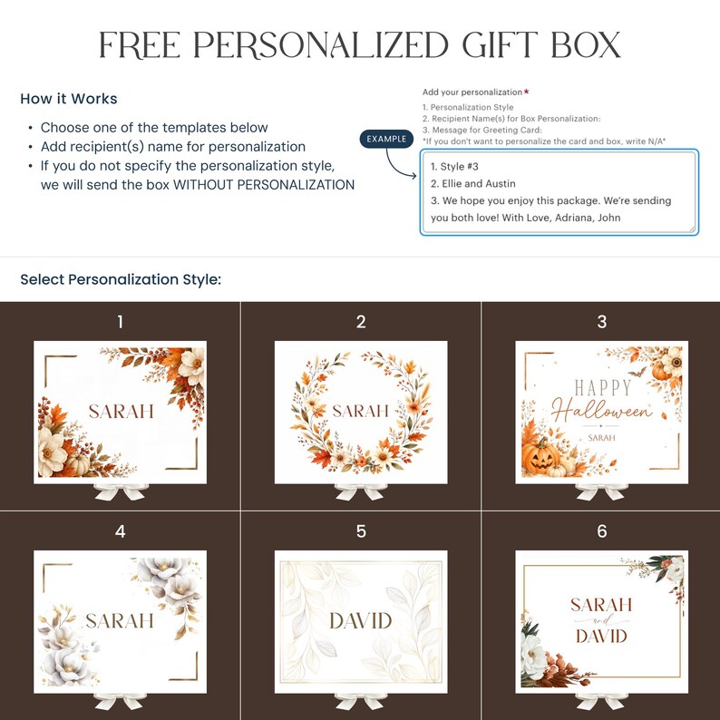 May include: A digital guide for a free personalized gift box featuring instructions on how to add personalization styles and recipient names. It displays six distinct floral and seasonal design templates labeled one through six with sample names like Sarah and David.