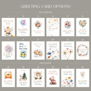 May include: A collection of greeting cards with various designs for different occasions and holidays. The cards feature watercolor illustrations and text such as "Thank You," "Happy Birthday," "Merry Christmas," and "Happy Valentine's Day."