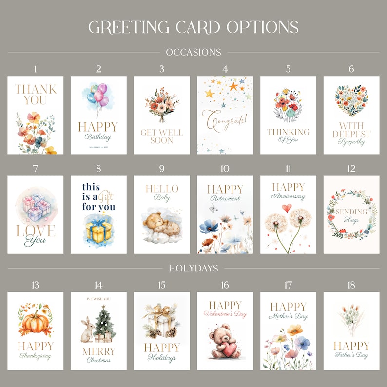 May include: A collection of greeting cards with various designs for different occasions and holidays. The cards feature watercolor illustrations and text such as "Thank You," "Happy Birthday," "Merry Christmas," and "Happy Valentine's Day."