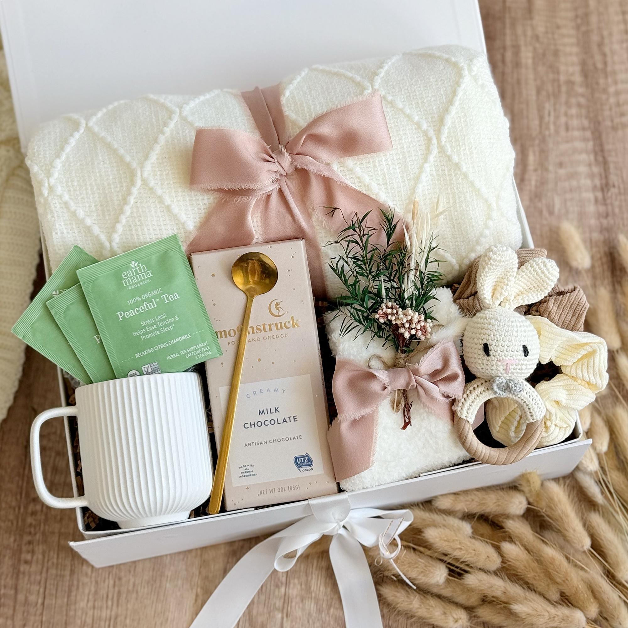 New Mom Gift Box: Knit Blanket, Crochet Rattle & Personalized Box