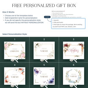 May include: A promotional image for personalized gift boxes. The image shows six different design templates with floral and geometric frames. The text includes instructions on how to personalize the gift box, including the recipient's name and a greeting card message.