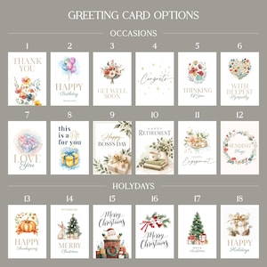 May include: A collection of eighteen greeting cards arranged in a grid, labelled GREETING CARD OPTIONS, OCCASIONS, and HOLYDAYS. Each card features unique watercolour illustrations and text for various events, including birthdays, holidays, sympathy, and celebrations.