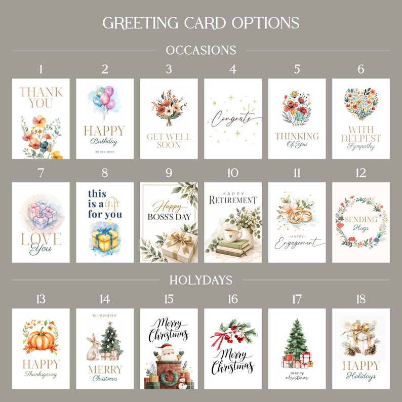 May include: A collection of eighteen greeting cards arranged in a grid, labelled GREETING CARD OPTIONS, OCCASIONS, and HOLYDAYS. Each card features unique watercolour illustrations and text for various events, including birthdays, holidays, sympathy, and celebrations.