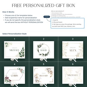 May include: Image of a free personalized gift box with six design templates. Instructions explain how to add a recipient's name for personalization. The example shows a box with the names "Ellie and Austin" and a greeting.