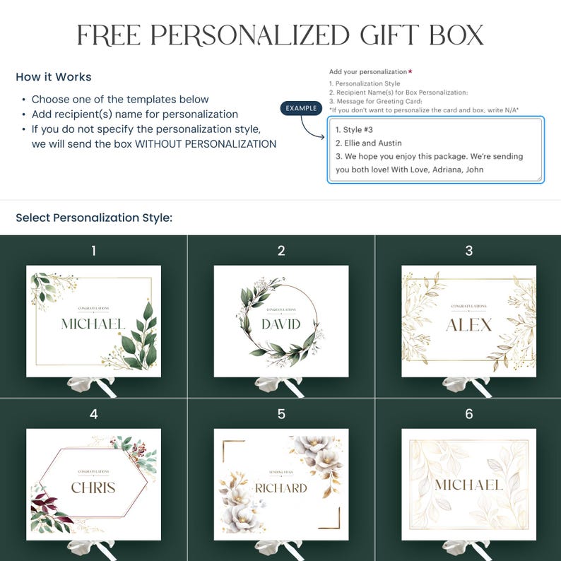 May include: Image showcasing a free personalized gift box service. Instructions detail how to choose a template, add a recipient's name, and specify a style. Six design options are displayed, each with a name, floral accents, and a gold border.
