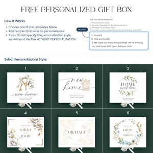 May include: A white rectangular gift box featuring six distinct personalization style templates. Each template displays unique floral, house, or key illustrations with placeholder names like Sarah, David, Michael, Kristie, and Dareon. Text includes instructions for customization.