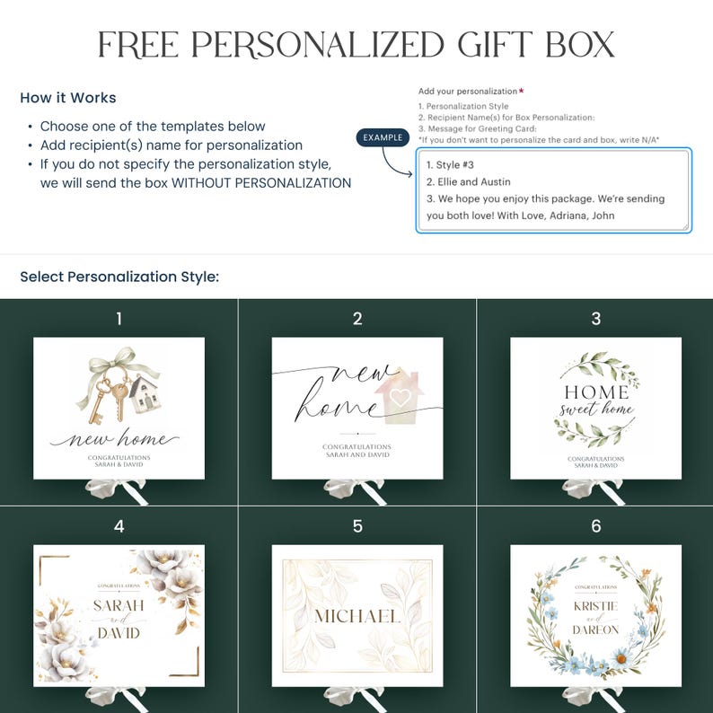 May include: A white rectangular gift box featuring six distinct personalization style templates. Each template displays unique floral, house, or key illustrations with placeholder names like Sarah, David, Michael, Kristie, and Dareon. Text includes instructions for customization.