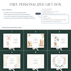 May include: Image of a free personalized gift box with six design options. Each design features the name "EMMA and JAMES". The designs include teddy bears, balloons, and floral elements. Instructions for personalization are also included.