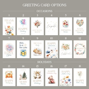 May include: A chart with 18 different greeting card options for various occasions. The cards feature watercolor illustrations and gold lettering. The occasions include: Thank You, Happy Birthday, Get Well Soon, Congratulations, Thinking of You, With Deepest Sympathy, Love You, This is a Gift for You, Hello Baby, Happy Retirement, Happy Engagement, Sending Hugs, Happy Thanksgiving, Merry Christmas, Happy Holidays, Happy Valentine's Day, Happy Mother's Day, and Happy Father's Day.
