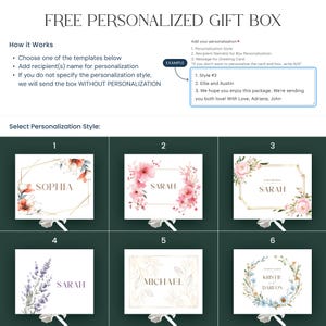 May include: Image of a personalised gift box with six design templates. Each template features a name, floral or botanical elements, and a gold geometric frame. Instructions for personalisation are included.