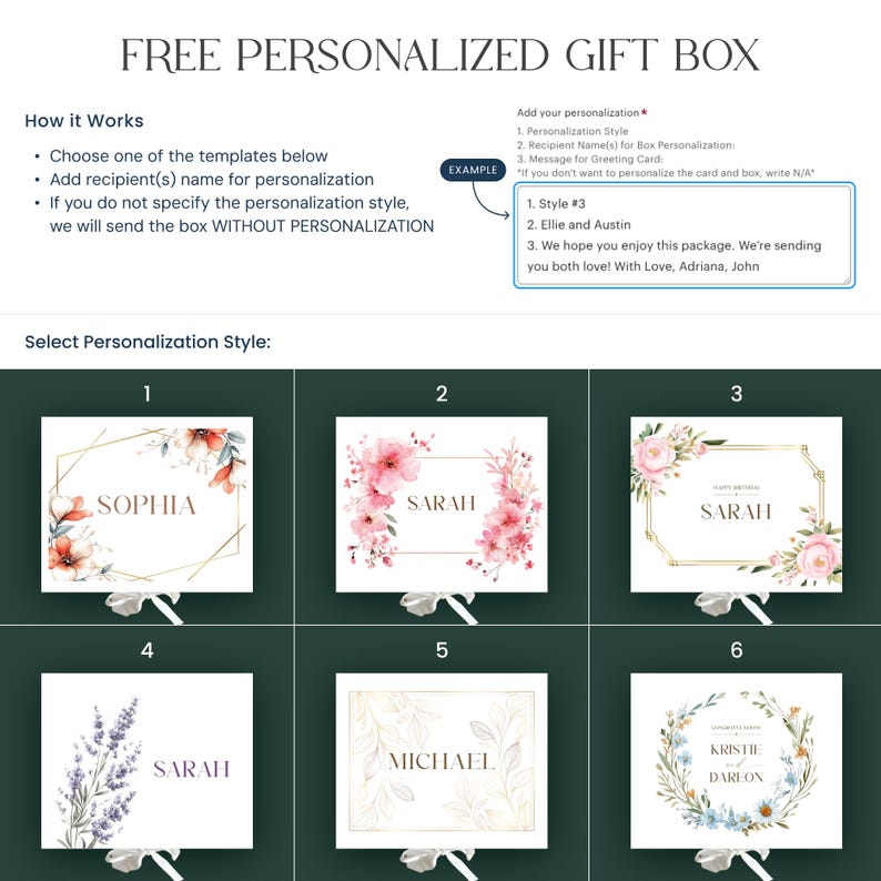 May include: Image of a personalised gift box with six design templates. Each template features a name, floral or botanical elements, and a gold geometric frame. Instructions for personalisation are included.