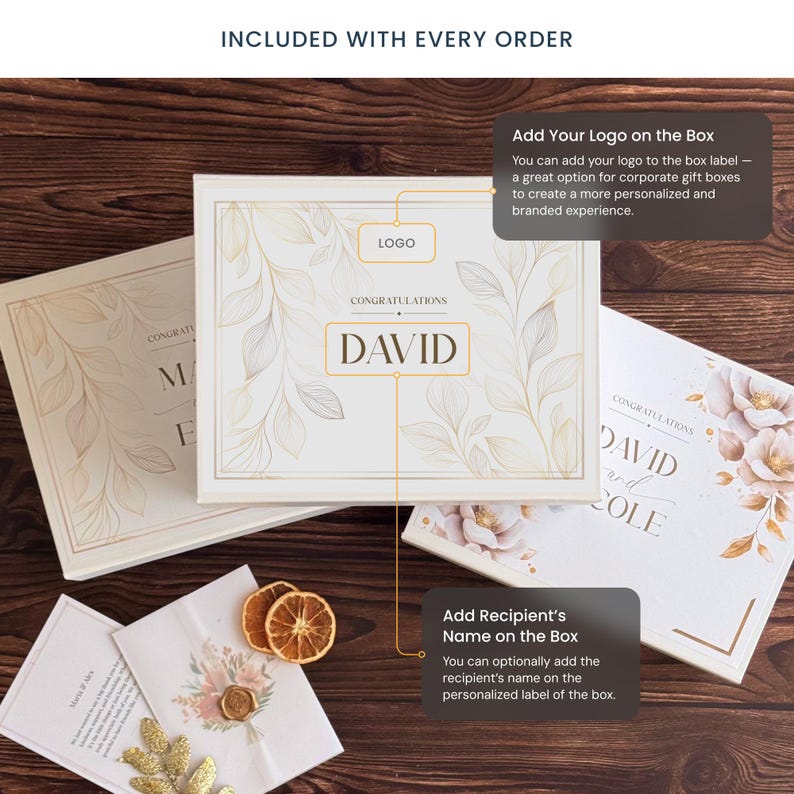 May include: A collection of personalized gift boxes with floral and leaf designs. The boxes are white with gold accents and feature the name "DAVID" on the front. Additional boxes and cards are visible, along with dried orange slices and a gold sprig.