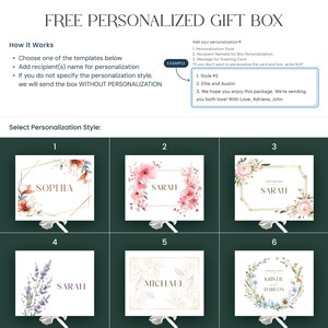 May include: Image showcasing a free personalized gift box service. The image displays six design templates with floral and geometric accents, each featuring a name. Instructions are provided, including how to add personalization details and a sample message.