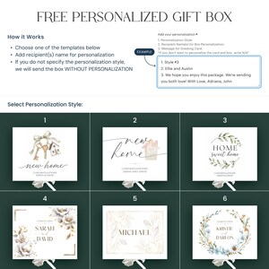 May include: A white rectangular gift box featuring six distinct personalization style templates. Each template displays unique floral, house, or key illustrations with placeholder names like Sarah, David, Michael, Kristie, and Dareon. Text includes instructions for customization.