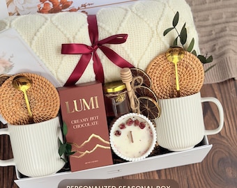 Couples Gift Basket for Fall, Cozy Autumn Gift Box for Two, Hug in a Box for Him and Her, Harvest Date Basket with Two Mugs