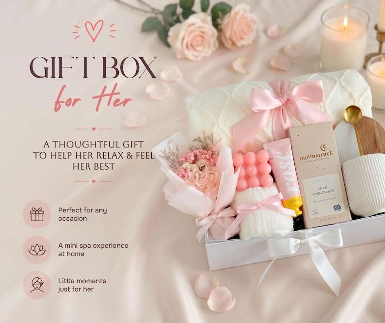Gift Box for Her — thoughtful gift to help her relax and feel at her 
best, mini spa experience with dried flowers, candle, and cozy treats