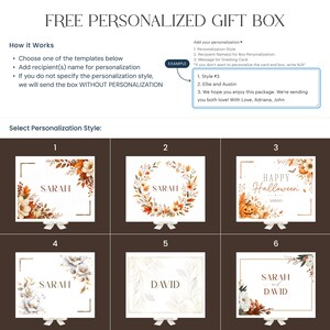 May include: A digital guide for a free personalized gift box featuring instructions on how to add personalization styles and recipient names. It displays six distinct floral and seasonal design templates labeled one through six with sample names like Sarah and David.