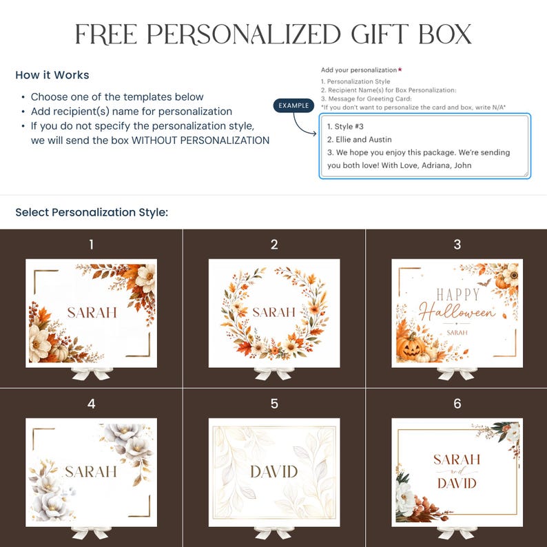 May include: A digital guide for a free personalized gift box featuring instructions on how to add personalization styles and recipient names. It displays six distinct floral and seasonal design templates labeled one through six with sample names like Sarah and David.