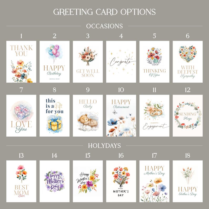 Free greeting card options included for any occasion — Happy Birthday, 
Thank You, Anniversary, Mothers Day, and more for your gift basket