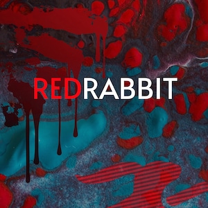 Puede incluir: Pintura abstracta roja y azul con las palabras "Red Rabbit" y "Devyn Rivers" en texto blanco. El texto "You shatter so beautifully" está en texto blanco en la parte superior de la imagen.