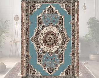 Woven Blanket Persian inspired design - Woven 100% Premium Cotton Throw Blanket with Colorful Fringe - Cozy Home Decor, Wall Tapestry