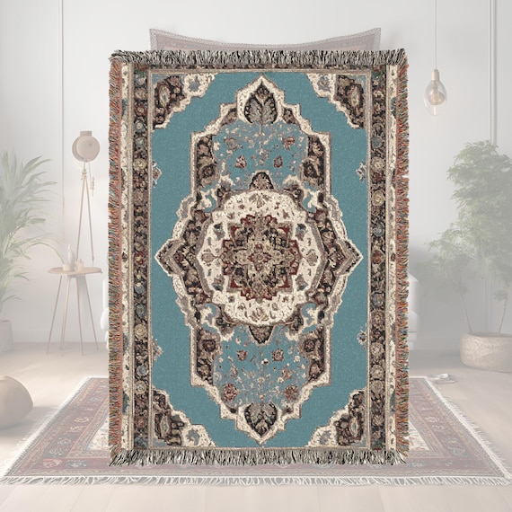 Woven Blanket Persian inspired design - Woven 100% Premium Cotton Throw Blanket with Colorful Fringe - Cozy Home Decor, Wall Tapestry
