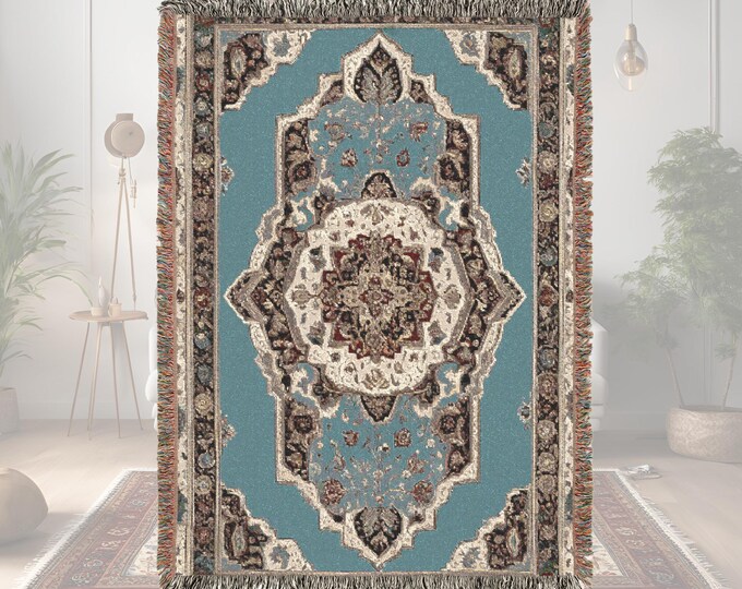 Woven Blanket Persian inspired design - Woven 100% Premium Cotton Throw Blanket with Colorful Fringe - Cozy Home Decor, Wall Tapestry