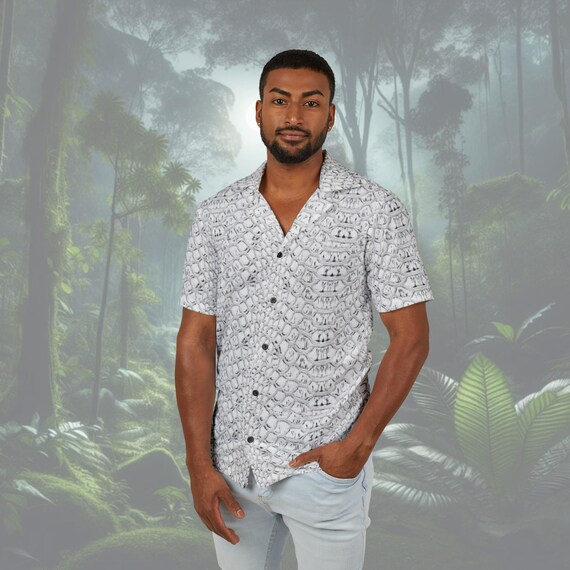White Snake Skin Button-Up Shirt - Reptile Print, High-End Style for Festivals, Parties, Date Nights, and Events - Lightweight & Tailored