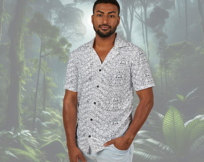 White Snake Skin Button-Up Shirt - Reptile Print, High-End Style for Festivals, Parties, Date Nights, and Events - Lightweight & Tailored