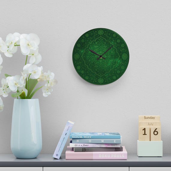 Elegant Green Persian Mandala Wall Clock, Acrylic Boho Design, Living Room Accent, Unique Gift for Home, Spiritual Decor, Boho Art Clock