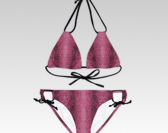 Pink Snake Skin Pattern Bikini | Strappy Two-Piece Swimsuit | Festival Swimwear, Rave bikini set, Party bikini set | Gifts for girls