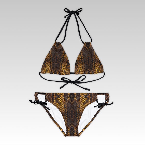 Black Yellow Snake Skin Pattern Bikini | Strappy Two-Piece Swimsuit | Festival Swimwear, Rave bikini set, Party bikini set | Gifts for girls