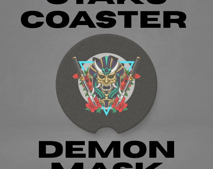 Otaku Demon Mask Car Coaster, Japanese Art Car Accessory, Stone Cup Holder Insert, Road Trip Gift, Asian Decor, Travel Coaster, Car Gift