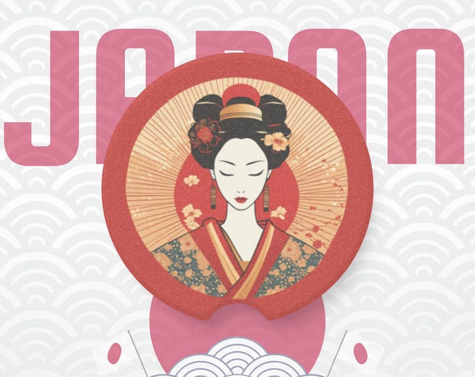 Geisha Car Coaster, Japanese Art Car Accessory, Stone Cup Holder Insert, Road Trip Gift, Asian Decor, Travel Coaster, Car Essentials