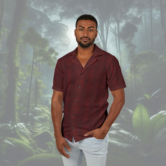 Red Snake Skin Button-Up Shirt - Reptile Print, High-End Style for Festivals, Parties, Date Nights, and Events - Lightweight & Tailored