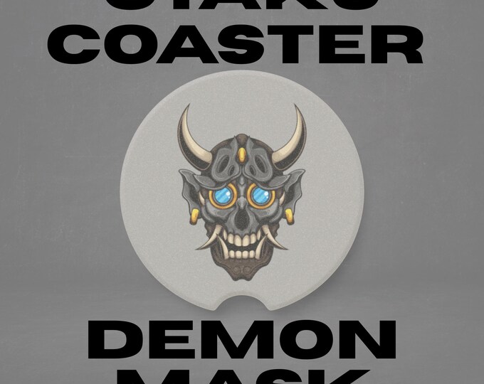 Otaku Demon Mask Car Coaster, Japanese Art Car Accessory, Stone Cup Holder Insert, Road Trip Gift, Asian Decor, Travel Coaster, Car Gift