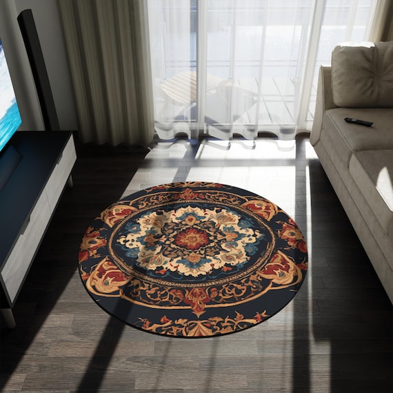 Decorative Persian Rug Design - 60" Round Rug for Bedroom, Home Decor, Kitchen Decor, Family Room Decor, Durable Chenille, Vintage Rug