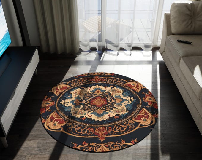 Decorative Persian Rug Design - 60" Round Rug for Bedroom, Home Decor, Kitchen Decor, Family Room Decor, Durable Chenille, Vintage Rug