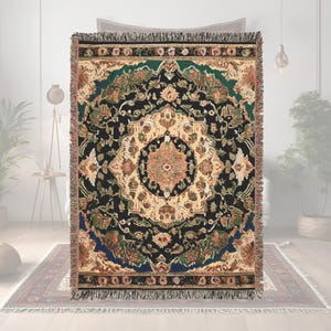 Woven Blanket Persian inspired design - Woven 100% Premium Cotton Throw Blanket with Colorful Fringe - Cozy Home Decor, Wall Tapestry