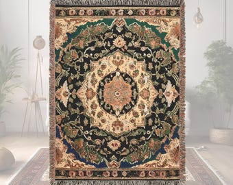Woven Blanket Persian inspired design - Woven 100% Premium Cotton Throw Blanket with Colorful Fringe - Cozy Home Decor, Wall Tapestry