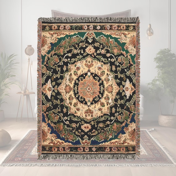 Woven Blanket Persian inspired design - Woven 100% Premium Cotton Throw Blanket with Colorful Fringe - Cozy Home Decor, Wall Tapestry